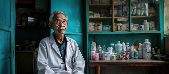Fototapeta premium Elderly Man Receiving Home Healthcare From Medical Workers in a Cozy, Well-Organized Room