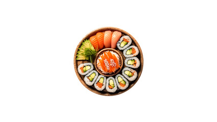 A platter of sushi rolls with fresh fish, avocado, and cucumber on a transparent background 