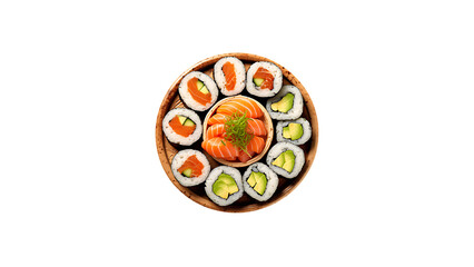 A platter of sushi rolls with fresh fish, avocado, and cucumber on a transparent background 