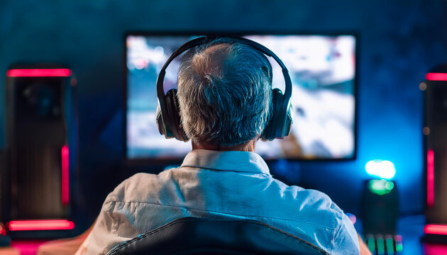 Uomo anziano di spalle che gioca ai videogames seduto su una sedia da gamer, indossa cuffie davanti al computer
