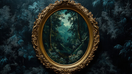 Ornate gold-framed mirror reflecting a lush, green forest scene on a dark, patterned wall, creating a sense of mystery and elegance.