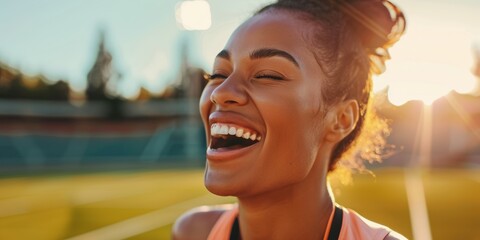 Excited athlete celebrating success and victory in sports on a training field, highlighting fitness achievements and personal milestones in physical workouts