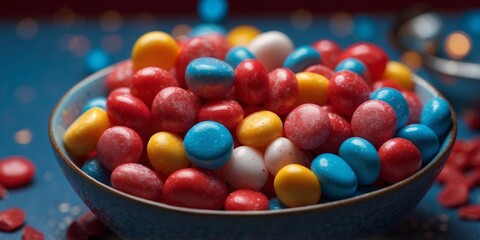 Colorful Candy in a Blue Bowl on a Red Background.