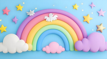 A vibrant rainbow with pastel colors, surrounded by clouds and stars, creating a whimsical and joyful atmosphere.