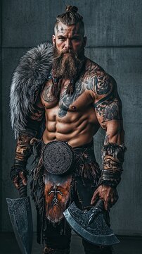 Powerful Shamanic Viking Man Wielding Armaments in a Dark, Mystical Environment