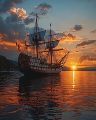 Obraz premium Replica of Columbus Ship at Sunset
