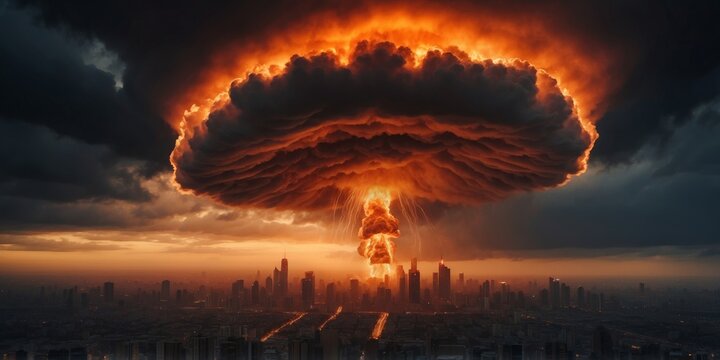 ominous mushroom cloud billowing skyward intense orange fireball at its core silhouetted cityscape in foreground dark stormy sky emphasizing apocalyptic atmosphere.
