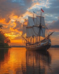 Fototapeta premium Vintage sailboat in sea at sunset