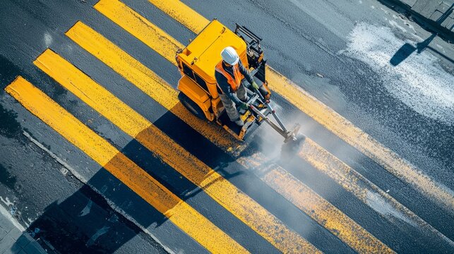 Process of making new road surface markings with line striping machine, workers improve city infrastructure, demarcation marking of pedestrian crossing with hot melted paint on asphalt pavement