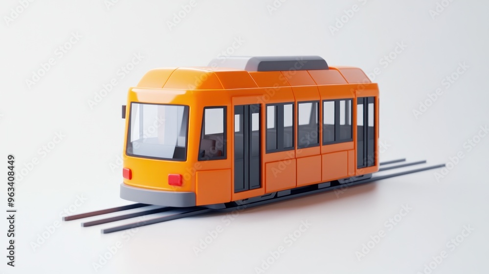 Poster a 3d model of an orange tram on rails, designed for digital use or animation.