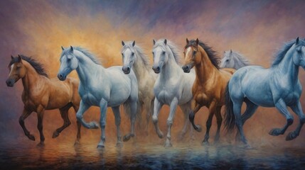 A Seven white and brown horse painting for a home, seven-horse art design.