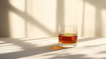 Glass of amber liquid on a white surface with soft sunlight streaming through a window.