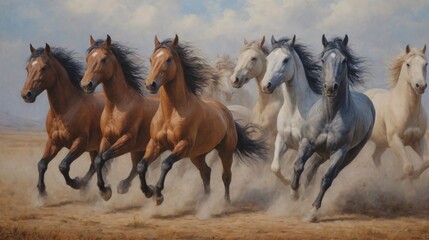 Obraz premium A seven-horse wall painting design, seven-horse image.