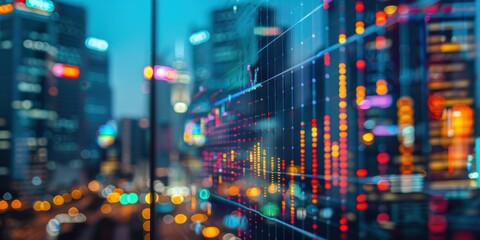 Obraz premium Urban backdrop featuring financial graphs related to trading and investment, complemented by elements of profit, economy, and market analysis