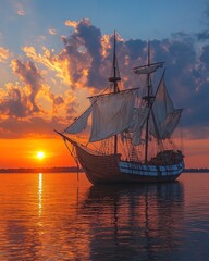 Obraz premium retro sailship at sunset