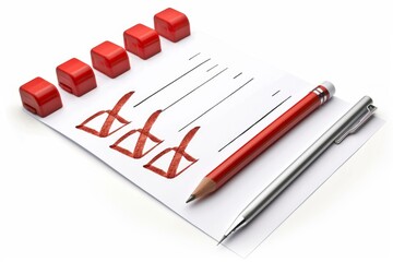 Checklist is laying on a white tabletop with a red pencil and a metal pen next to it