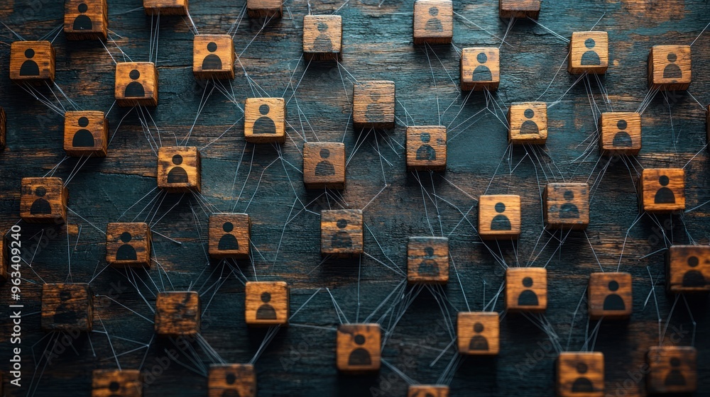 Poster a network of interconnected user icons on wooden blocks.