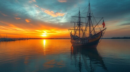 Fototapeta premium retro sailship at sunset