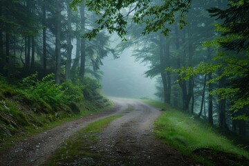 Fototapeta premium Gravel road leading through a mystic forest covered in fog during a cloudy day