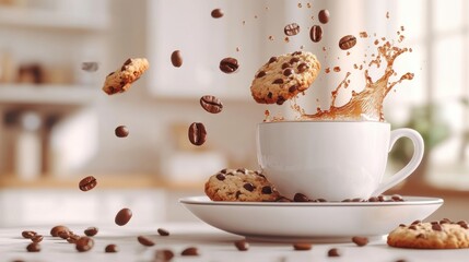 A white coffee cup splashing with a cookie dipping into the drink, surrounded by coffee beans on a bright kitchen table. Cozy breakfast moment concept.
