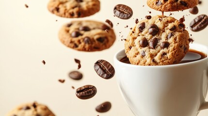 A white coffee cup splashing with a cookie dipping into the drink, surrounded by coffee beans on a bright kitchen table. Cozy breakfast moment concept.