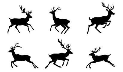 Large set of silhouettes of jumping deer on a transparent background