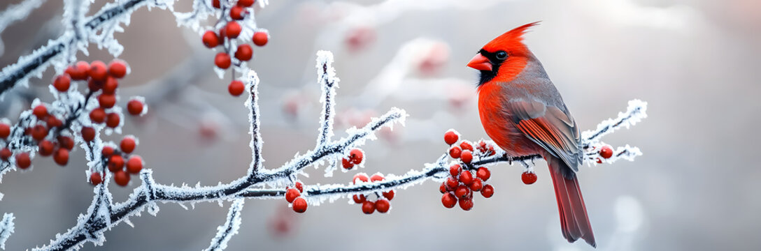Red cardinal bird on a frosty tree branch with snow red berries in winter, Holiday and Christmas web banner with copy space
