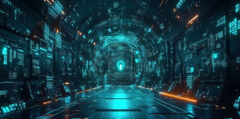 Obraz premium Futuristic Cyber Tunnel with Glowing Keyhole and Data Streams