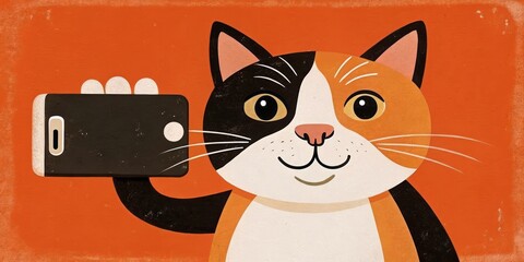 tabby cat happily posing for a selfie with a smartphone