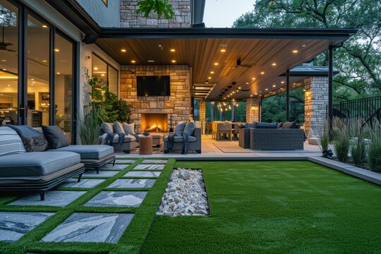 Outdoor fireplace on a patio with warm light, chairs, and large oak tree in an upper middle-class home in Plano, Texas at night.
