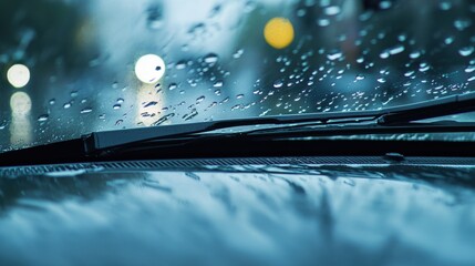 Raindrops on a windshield with the sharp outline of frameless wiper blades, showcasing a rainy day perspective from within a car.