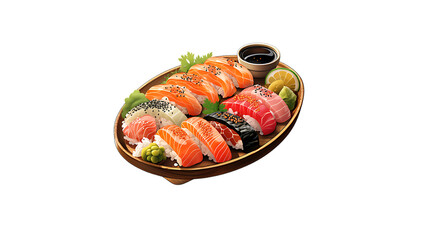A tray of sushi nigiri with fresh fish and wasabi transparent background 