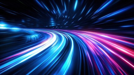 Speeding lights and dynamic stripes streaking across a dark, futuristic background, symbolizing motion and energy.