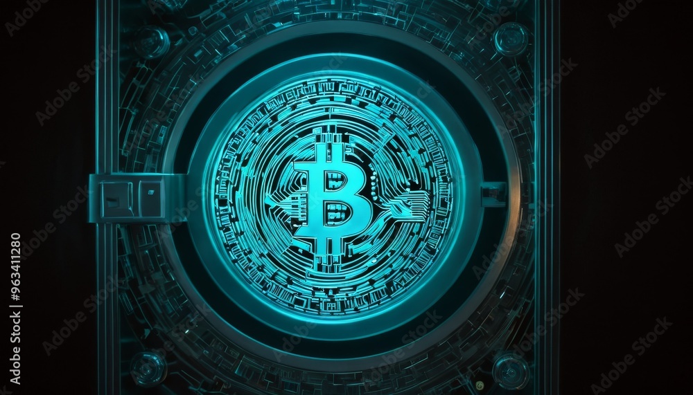 Poster a striking image showcasing a futuristic bitcoin symbol integrated into an intricate digital circuit