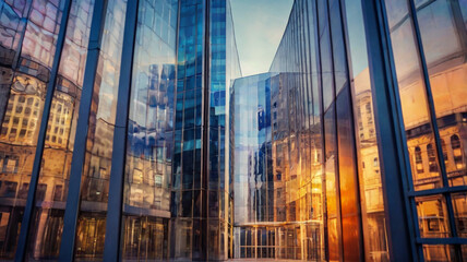 Fototapeta premium High-rise building bathed in warm, golden sunset light, creating a striking contrast with the evening sky—an architectural marvel against a serene landscape backdrop.