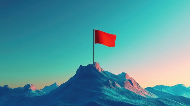 Simplified concept of achieving a goal with a symbolic flag planted on a peak in a minimalist 3D landscape.