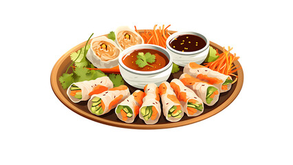 A tray of Vietnamese spring rolls with shrimp, herbs, and peanut dipping sauce transparent background