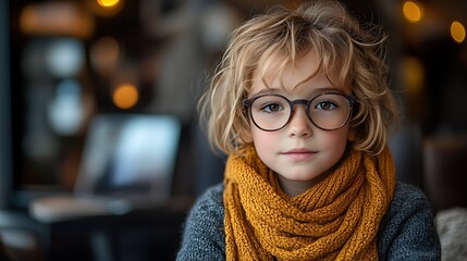 Portrait of a young boy with blonde hair wearing glasses and a knitted scarf looking at the camera.