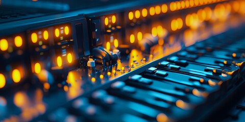 Abstract Server Room Technology Background with Blue and Orange Lights