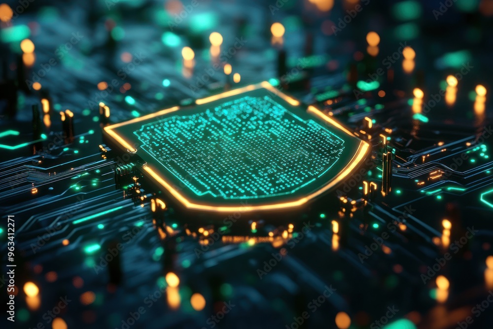 Poster a glowing digital shield embedded in a circuit board