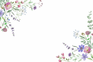 Watercolor floral background with lavender, eucalypt, clover. Hand drawn illustration. Vector EPS.