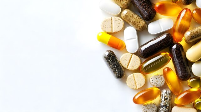 Assorted vitamins and supplements arranged on a white background, ideal for health and wellness themes.