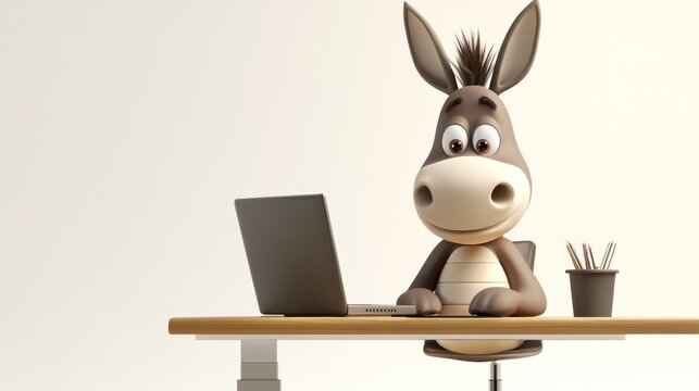 A cartoon donkey working on a laptop at a desk with a potted plant.