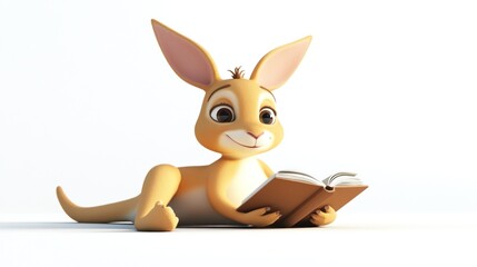 A cartoon kangaroo happily reading a book, promoting literacy and imagination.