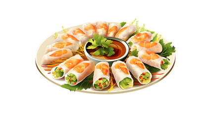 A tray of Vietnamese spring rolls with shrimp, herbs, and peanut dipping sauce transparent background