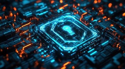 Glowing Lightbulb Icon on a Futuristic Circuit Board