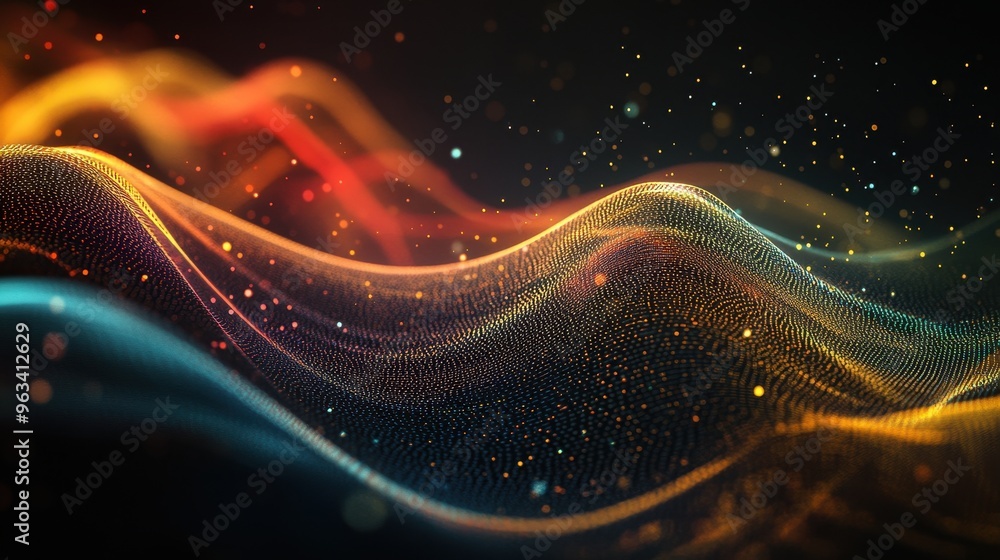 Poster digital network connections: abstract flowing light and color curves symbolizing data movement