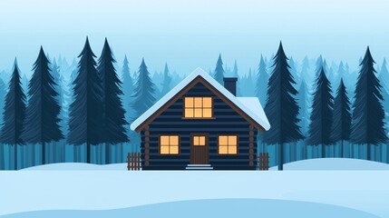 A cozy cabin nestled in snow-covered woods, illuminated at dusk, perfect for winter holiday themes and seasonal illustrations.