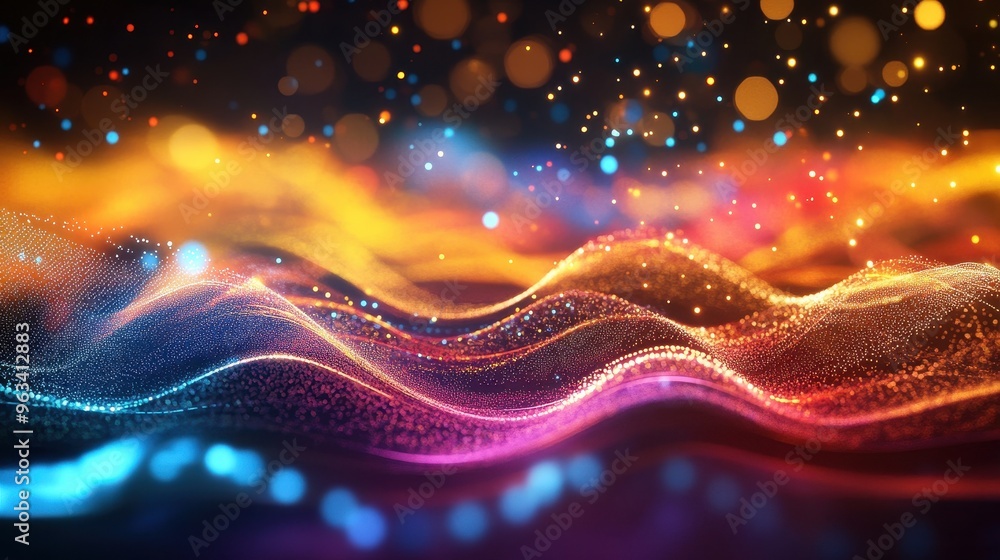 Poster technological elegance: abstract data flow visualization with vibrant color waves and light trails
