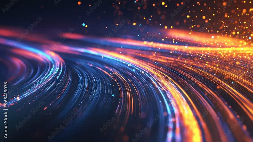 Poster seamless data transmission - abstract background of flowing light and color conveying global connect